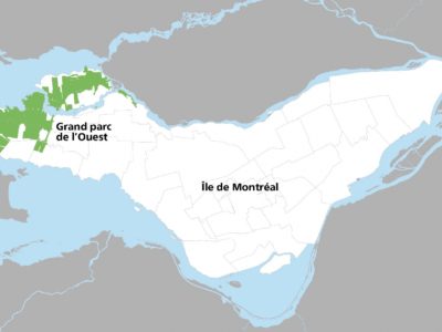 Carte de Le Grand parc de l'Ouest fera plus de 3 000 hectares, soit une superficie environ huit fois plus grande que celle de Central park. Le territoire concerné touche les arrondissements Pierrefonds-Roxboro et L'Île-Bizard — Sainte-Geneviève, les villes de Sainte-Anne-de-Bellevue, Kirkland et Beaconsfield, ainsi que le village de Senneville.